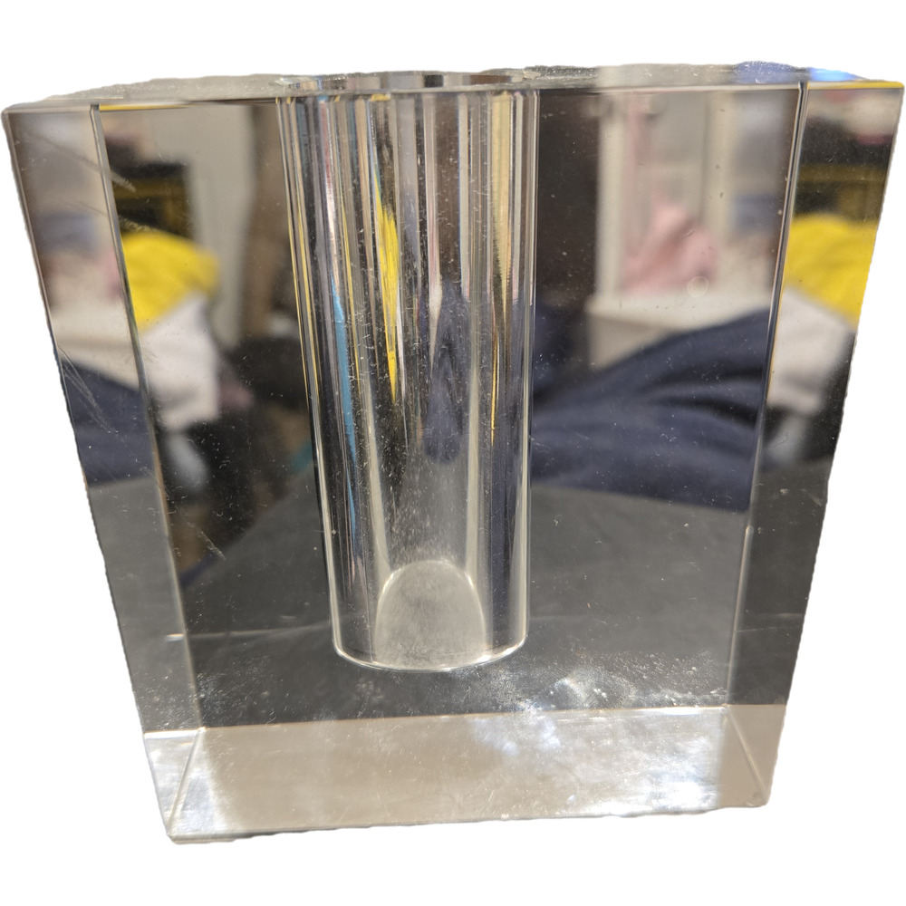 Modern Heavy Optical glass Crystal Block Bud Vase or Taper Candle Holder
